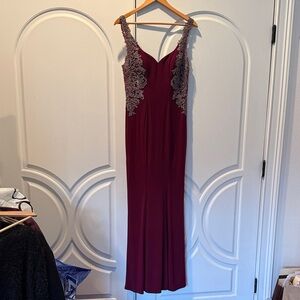 Faviana Burgundy Dress with Gray Lace Details